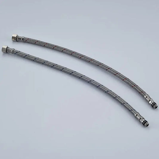 Two silver stainless steel braided plumbing hoses with threaded connectors for kitchen and bath steel faucet plumbing