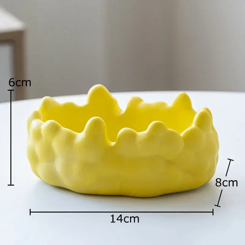 A vibrant yellow ceramic bubble clouds ashtray with a crown-like ridged rim for office smoking accessory decorbites ceramic bubble