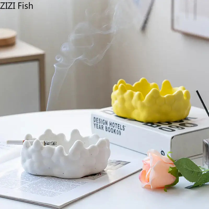 Yellow ceramic crown-shaped ashtray combining silver textured ceramic bubble clouds design for office smoking accessory decorbites ceramic bubble