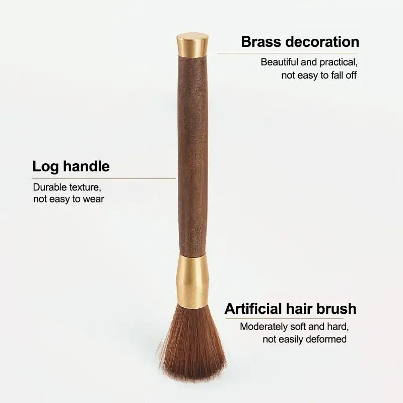 A sleek espresso brush with a rich brown wooden handle and brass accents for coffee grinder cleaning