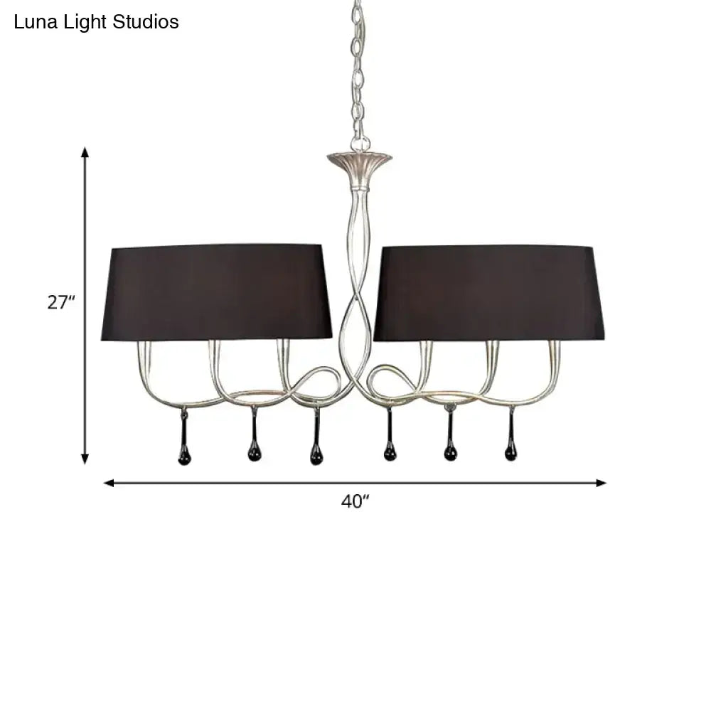 Silver twisted metal island chandelier with dark brown dining room shades and elegant intertwined silver arms