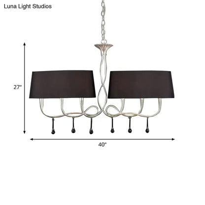 Silver twisted metal island chandelier with dark brown dining room shades and elegant intertwined silver arms