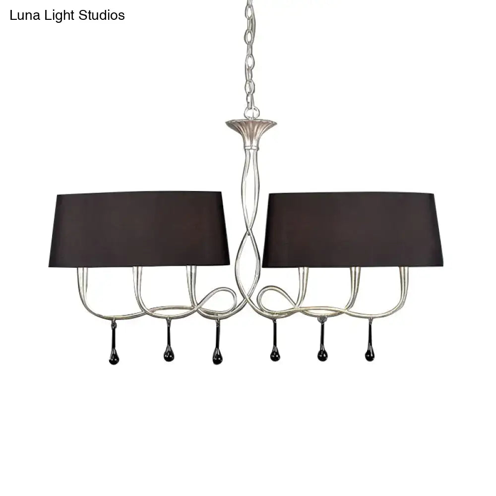 Silver twisted metal dining room chandelier with silver tone, two black fabric shades, and decorative teardrop accents