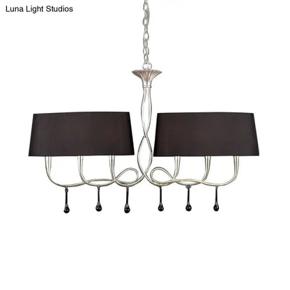 Silver twisted metal dining room chandelier with silver tone, two black fabric shades, and decorative teardrop accents