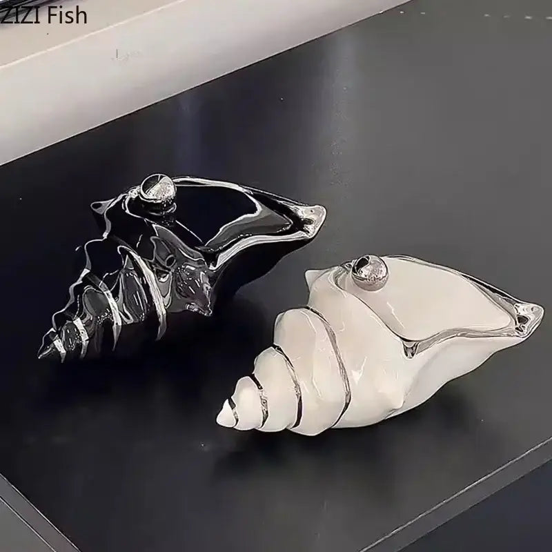 Two glossy black and white ceramic decorbites conch ashtrays with silver-toned caps for living room windproof shell decor