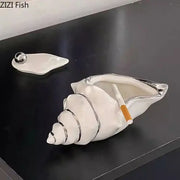 White ceramic decorbites conch ashtray with silver metallic trim and matching lid for living room shell decor
