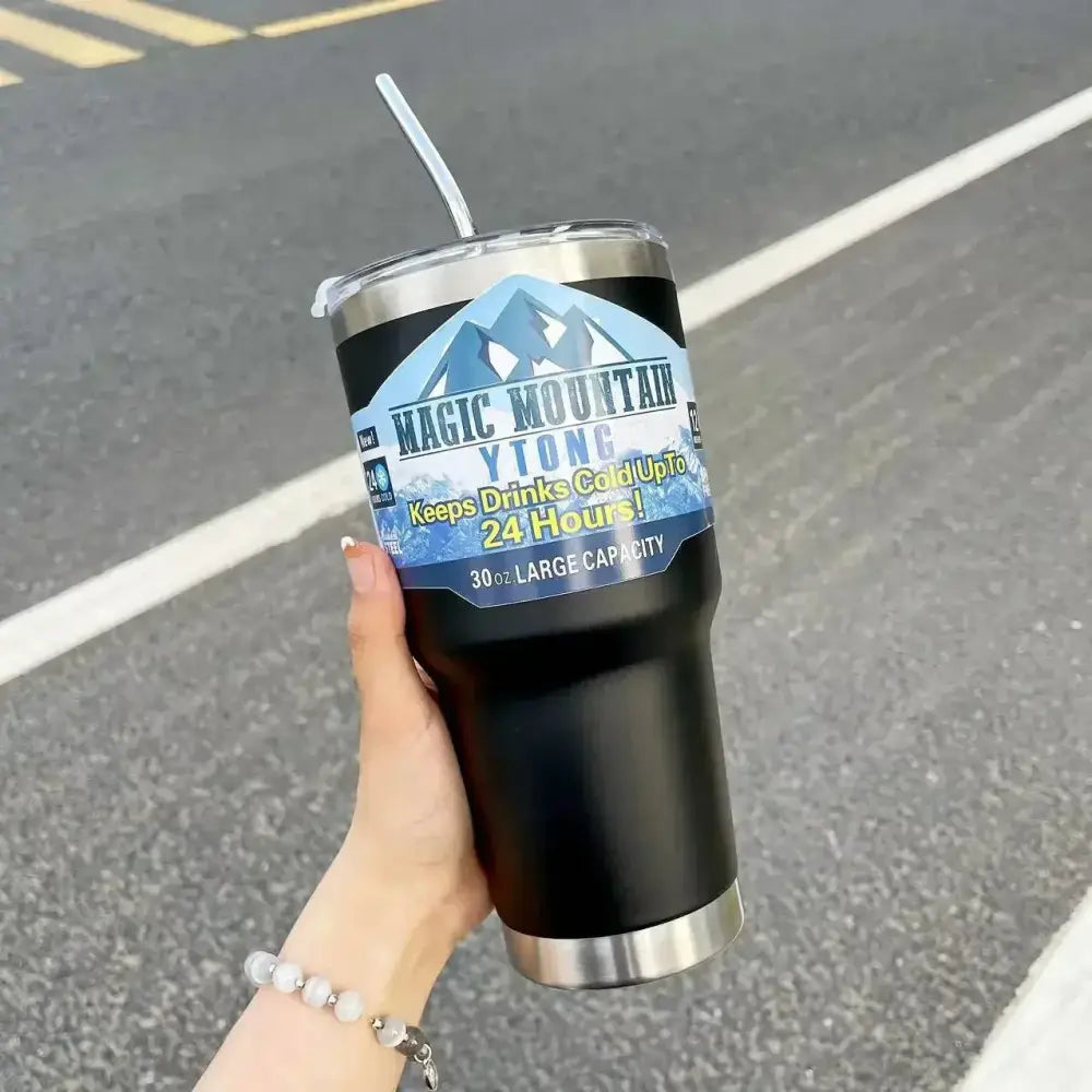 DecorBites™ Freeze Thermos Bottle Straw Stainless Steel Tumbler 30oz - Ice Mountain Cup - Black / 900ML