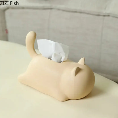 Beige decorbites cat ceramic tissue box holder with smooth glossy finish for living room decor uses