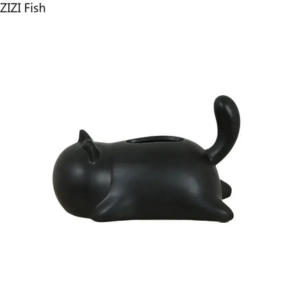 Black cat ceramic tissue box with smooth glossy finish and rounded features for Silver and yellow cat ceramic decorbites tissue box