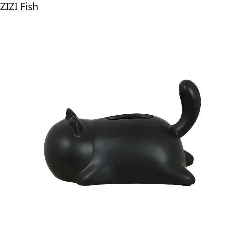 Black cat ceramic tissue box with smooth glossy finish and rounded features for Silver and yellow cat ceramic decorbites tissue box