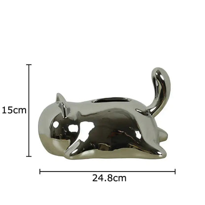 Silver and yellow cat ceramic tissue box with shiny silver cat ceramic money box slot for decorbites cat ceramic use