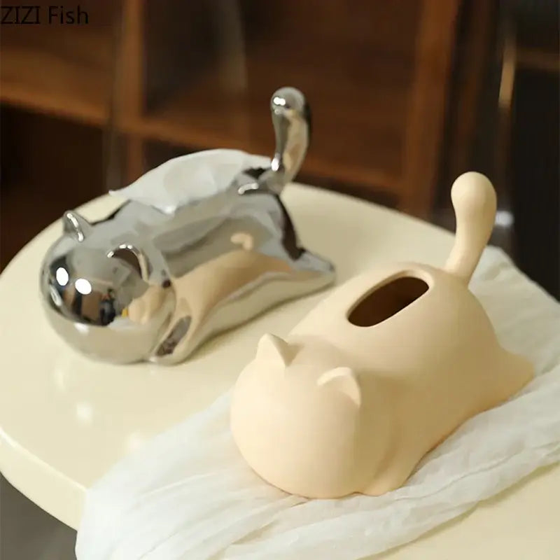 Two cat ceramic tissue box holders by decorbites in silver and matte beige for living room decor