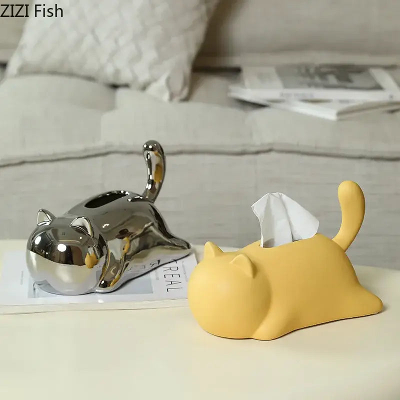 Silver and yellow cat ceramic tissue box set featuring shiny silver and matte yellow decorbites cat ceramic for living room decor