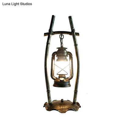 Silvia - Antiqued Brass Farmhouse Night Lamp: Opal Glass Kerosene Table Light