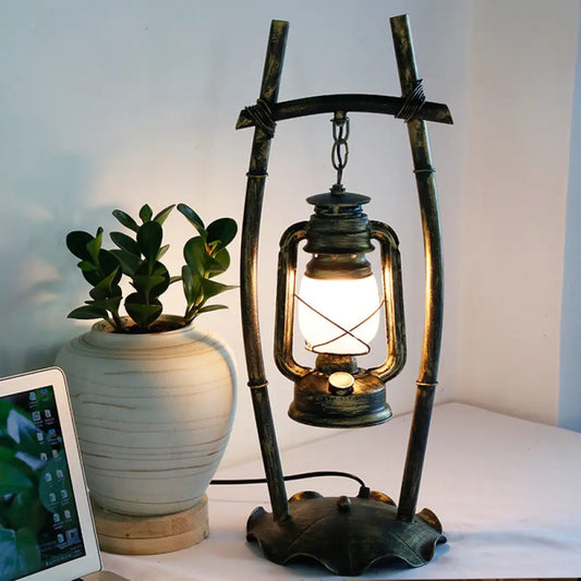 Silvia - Antiqued Brass Farmhouse Night Lamp: Opal Glass Kerosene Table Light