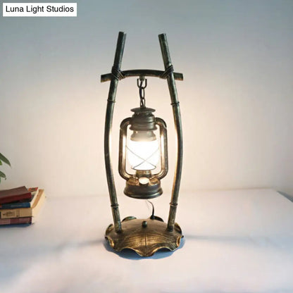 Silvia - Antiqued Brass Farmhouse Night Lamp: Opal Glass Kerosene Table Light