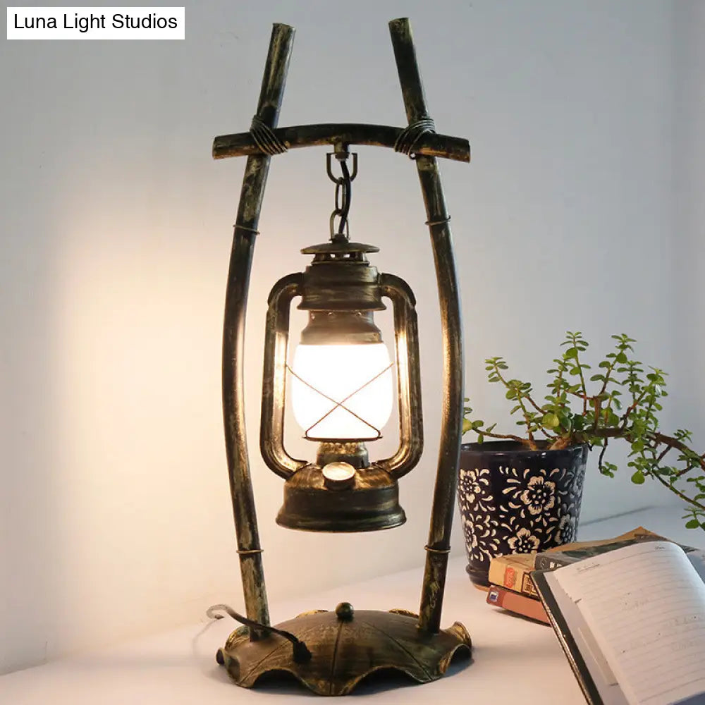 Silvia - Antiqued Brass Farmhouse Night Lamp: Opal Glass Kerosene Table Light