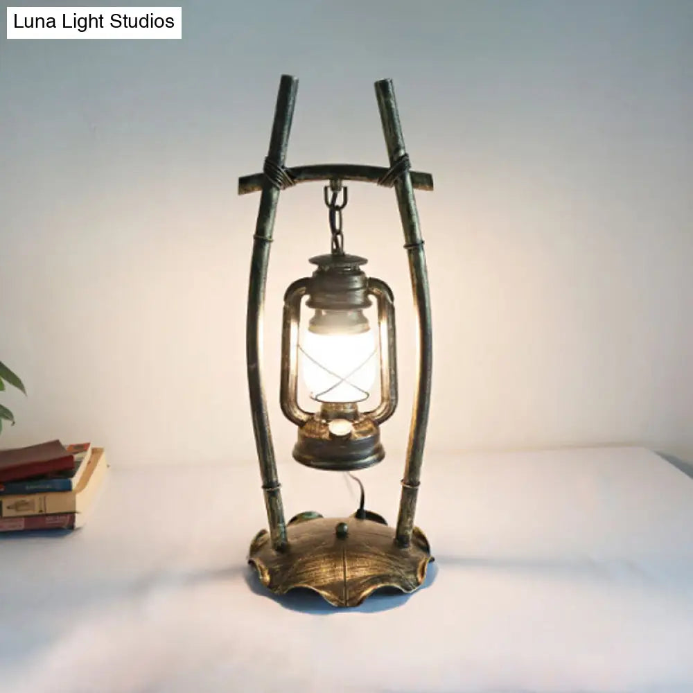 Silvia - Antiqued Brass Farmhouse Night Lamp: Opal Glass Kerosene Table Light