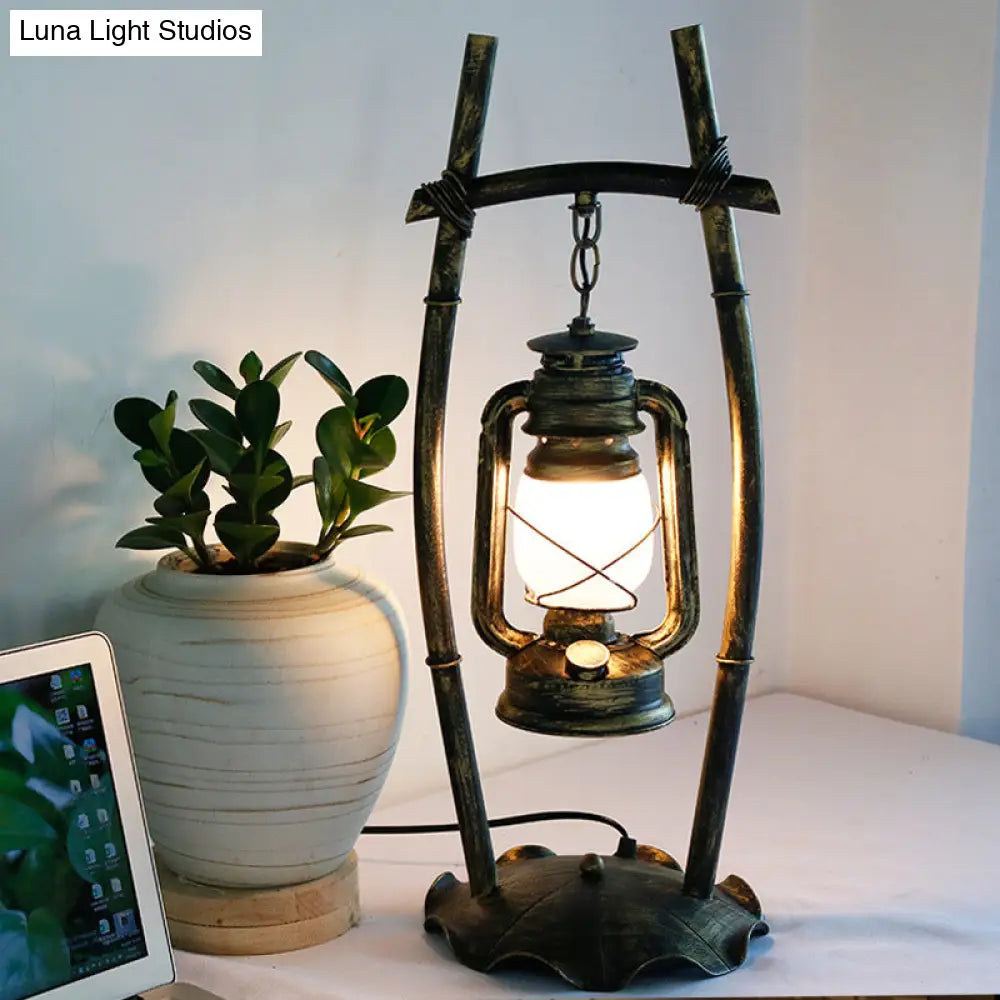 Silvia - Antiqued Brass Farmhouse Night Lamp: Opal Glass Kerosene Table Light