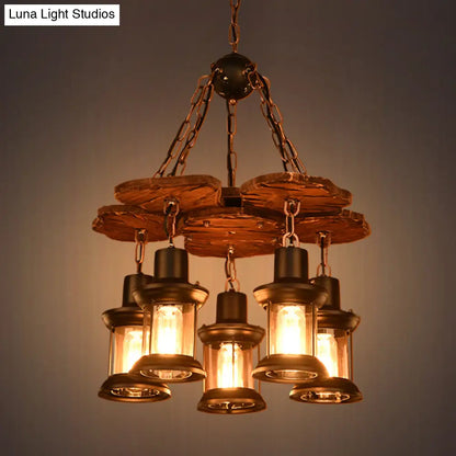 Silvia - Rustic 5 Lights Chandelier Light Fixture Farm Dining Room Wood Pendant with Lantern Clear Glass Shade in Black