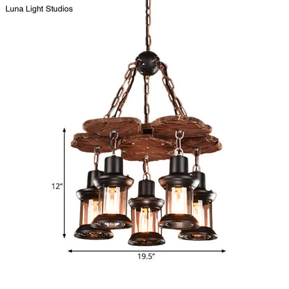 Silvia - Rustic 5 Lights Chandelier Light Fixture Farm Dining Room Wood Pendant with Lantern Clear Glass Shade in Black