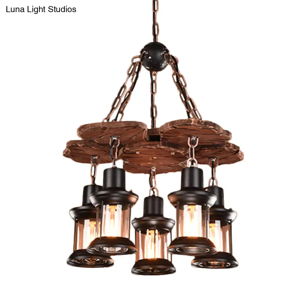 Silvia - Rustic 5 Lights Chandelier Light Fixture Farm Dining Room Wood Pendant with Lantern Clear Glass Shade in Black