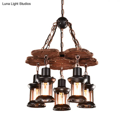 Silvia - Rustic 5 Lights Chandelier Light Fixture Farm Dining Room Wood Pendant with Lantern Clear Glass Shade in Black