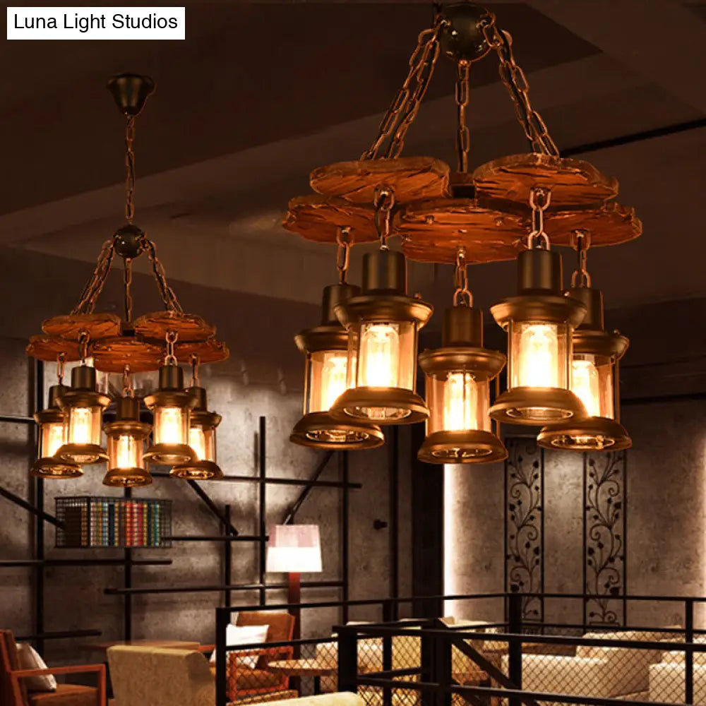 Silvia - Rustic 5 Lights Chandelier Light Fixture Farm Dining Room Wood Pendant with Lantern Clear Glass Shade in Black