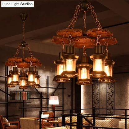 Silvia - Rustic 5 Lights Chandelier Light Fixture Farm Dining Room Wood Pendant with Lantern Clear Glass Shade in Black