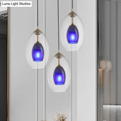 Simple 3-Light Oval Clear and Blue Multi Pendant Chandelier: White Ceiling Lamp