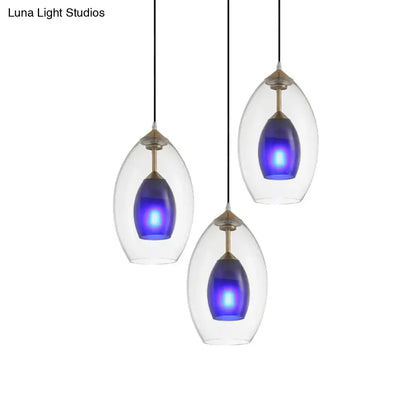 Simple 3-Light Oval Clear and Blue Multi Pendant Chandelier: White Ceiling Lamp