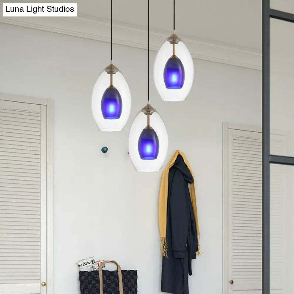 Simple 3-Light Oval Clear and Blue Multi Pendant Chandelier: White Ceiling Lamp