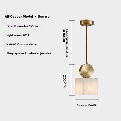 Gold square pendant light with marble accents and adjustable hanging wire.