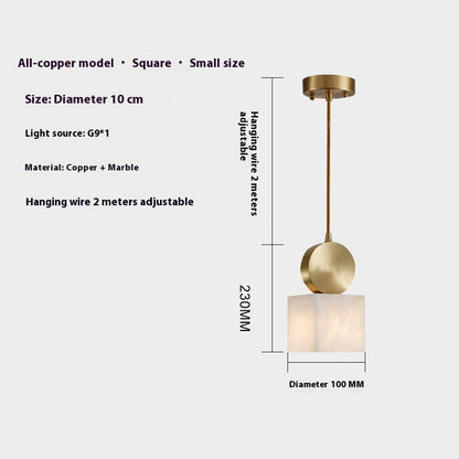 Gold square pendant light with marble accents and adjustable hanging wire.