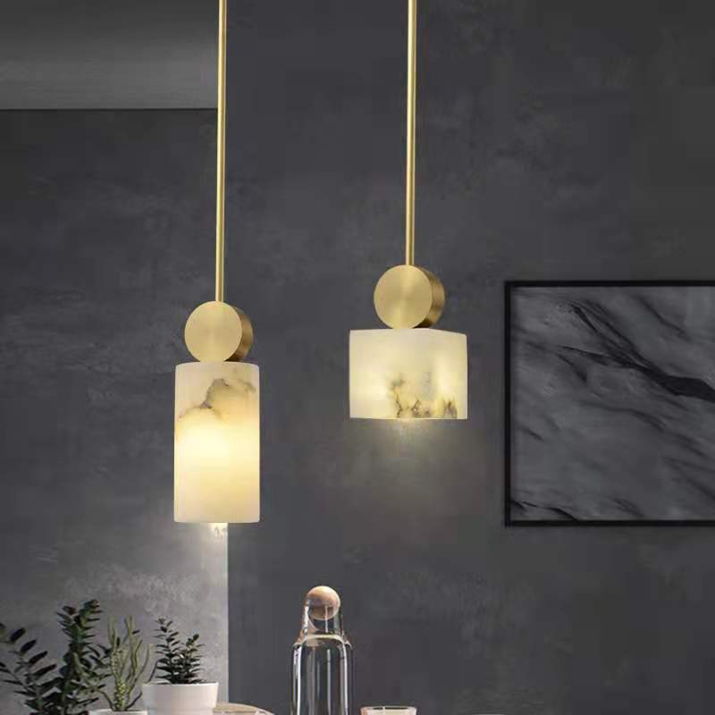 Simple bedside chandelier with brass and white geometric pendant light in modern style 12cm diameter square
