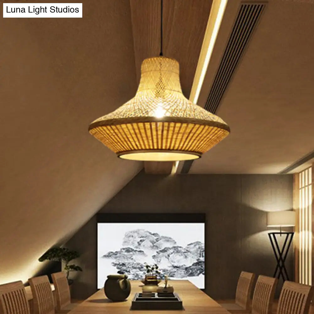 Simple Beige Dining Room Pendant Light with Bamboo Shade - 1-Light Down Lighting Kit