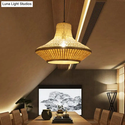 Simple Beige Dining Room Pendant Light with Bamboo Shade - 1-Light Down Lighting Kit