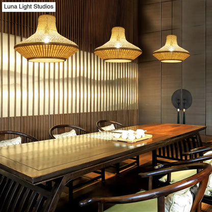 Simple Beige Dining Room Pendant Light with Bamboo Shade - 1-Light Down Lighting Kit