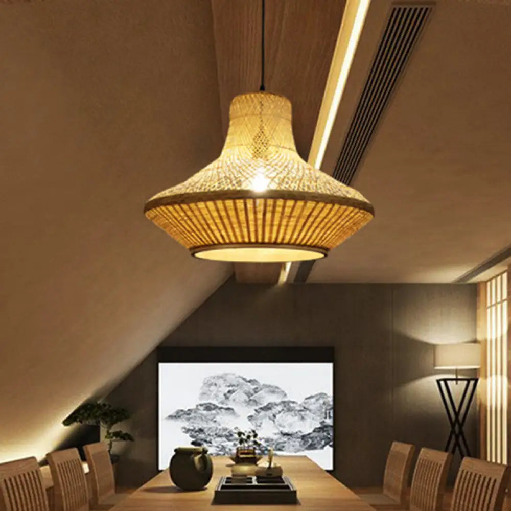 Simple Beige Dining Room Pendant Light with Bamboo Shade - 1-Light Down Lighting Kit