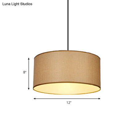 Simple Beige Fabric Drum Pendant LED Ceiling Light Fixture, 12"/16"/19.5" Dia