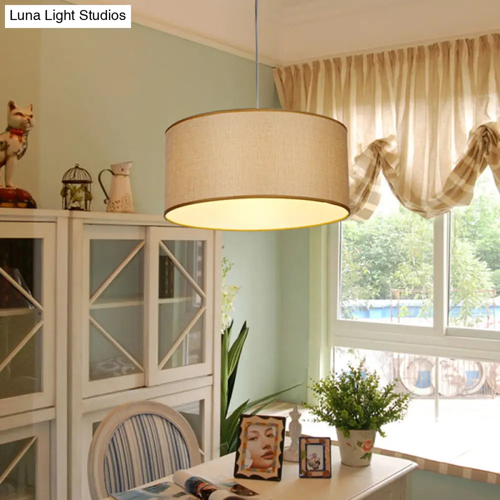 Simple Beige Fabric Drum Pendant LED Ceiling Light Fixture, 12"/16"/19.5" Dia