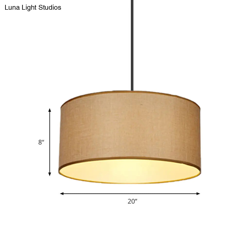 Simple Beige Fabric Drum Pendant LED Ceiling Light Fixture, 12"/16"/19.5" Dia