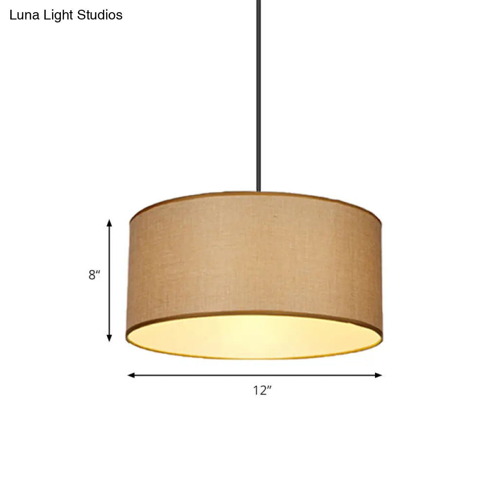 Simple Beige Fabric Drum Pendant LED Ceiling Light Fixture, 12"/16"/19.5" Dia