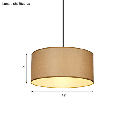 Simple Beige Fabric Drum Pendant LED Ceiling Light Fixture, 12"/16"/19.5" Dia