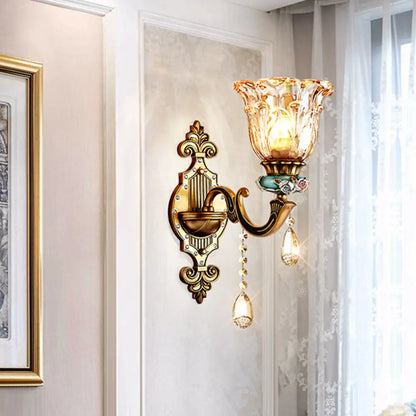 DecorBites™ DecorBites™ Simple Floral Crystal Prism Brass Sconce Light Fixture - 1-Head Wall Lighting Idea
