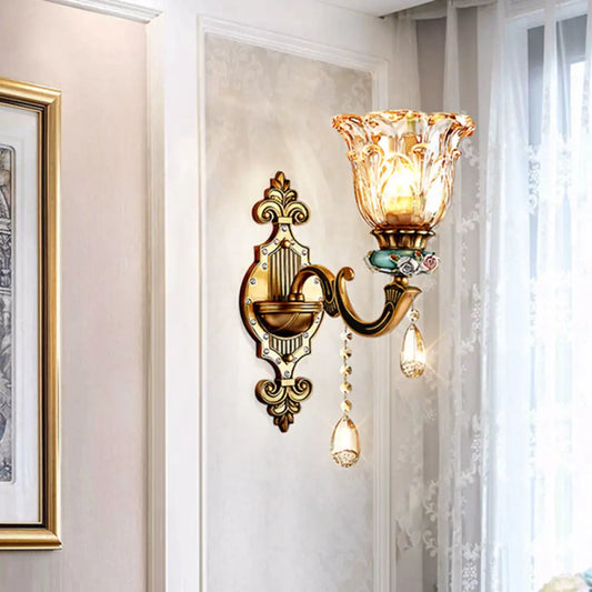 DecorBites™ DecorBites™ Simple Floral Crystal Prism Brass Sconce Light Fixture - 1-Head Wall Lighting Idea