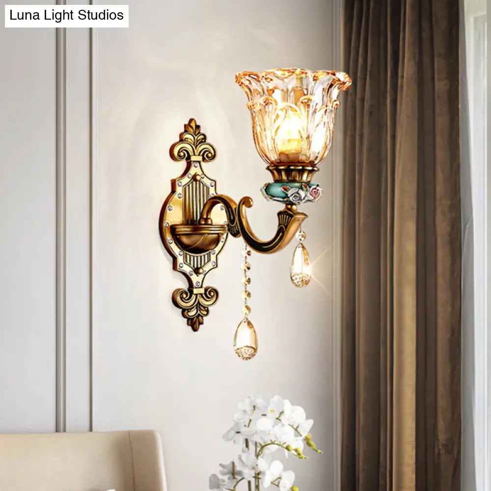 DecorBites™ DecorBites™ Simple Floral Crystal Prism Brass Sconce Light Fixture - 1-Head Wall Lighting Idea