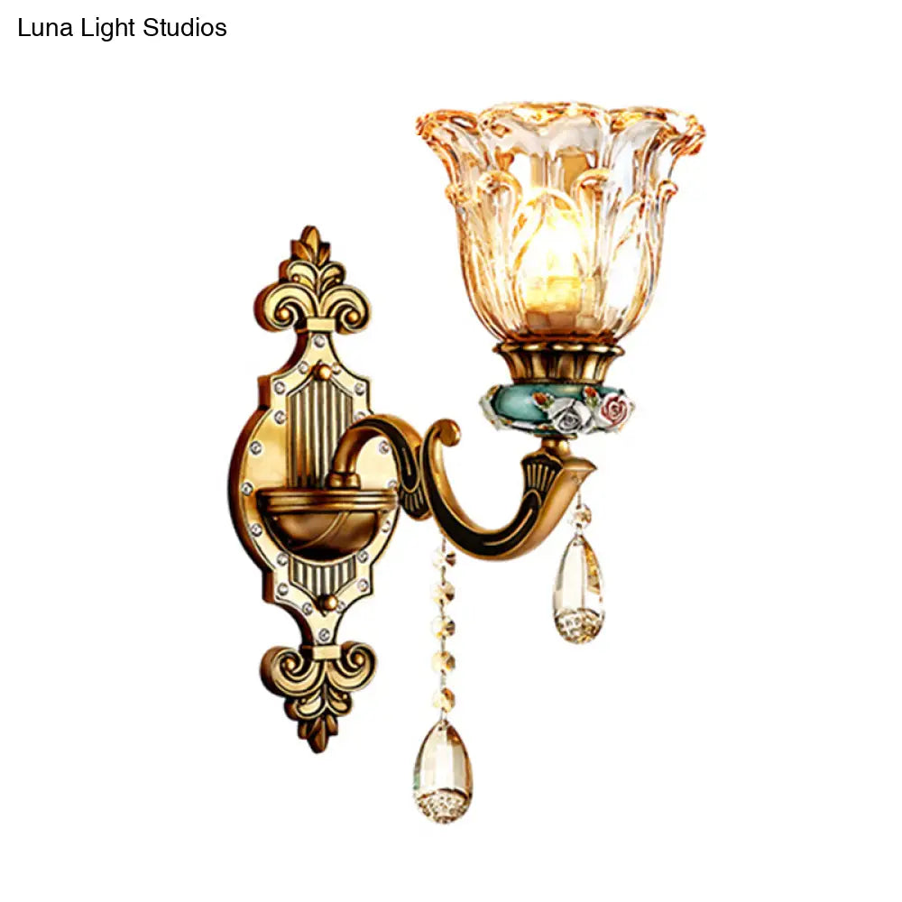 DecorBites™ DecorBites™ Simple Floral Crystal Prism Brass Sconce Light Fixture - 1-Head Wall Lighting Idea