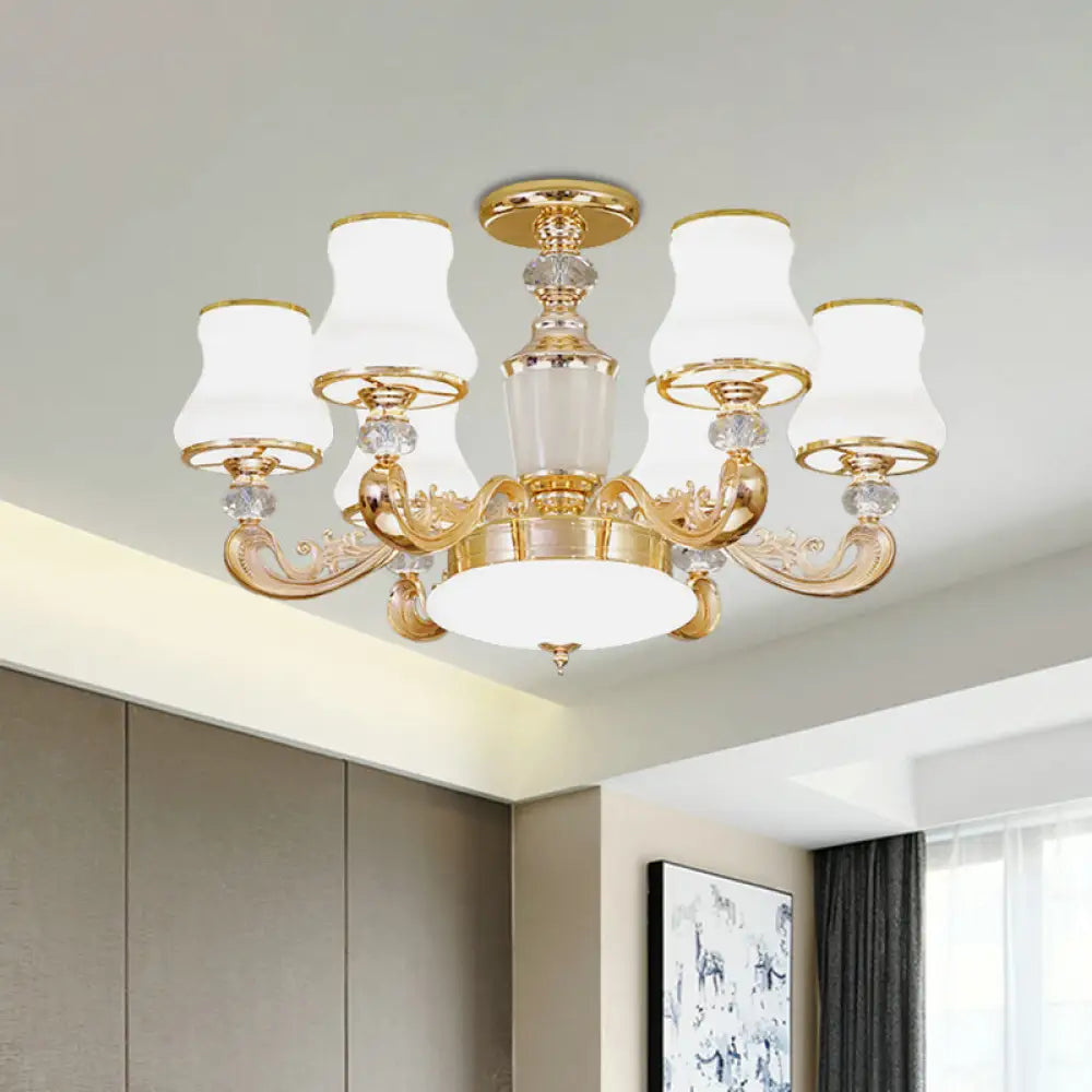 DecorBites™ DecorBites™ Simple Gold Frosted Glass Ceiling Light with Crystal Accent - 6-Light Flared Semi Flush Mount
