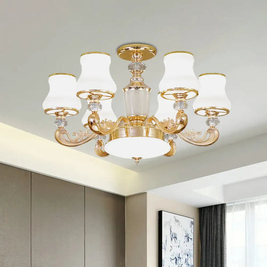 DecorBites™ DecorBites™ Simple Gold Frosted Glass Ceiling Light with Crystal Accent - 6-Light Flared Semi Flush Mount